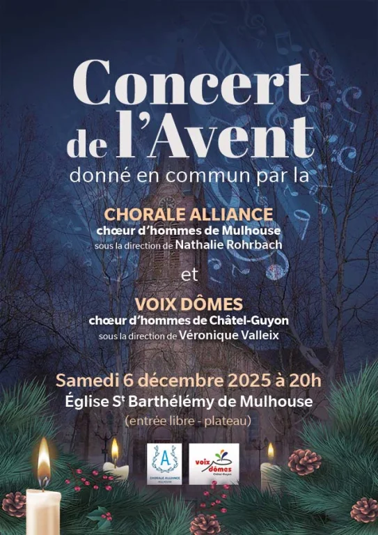 Affiche du concert de l'avent de la Chorale Alliance, à l'église St Barthélémy de Mulhouse, le 6 décembre 2025 à 20h